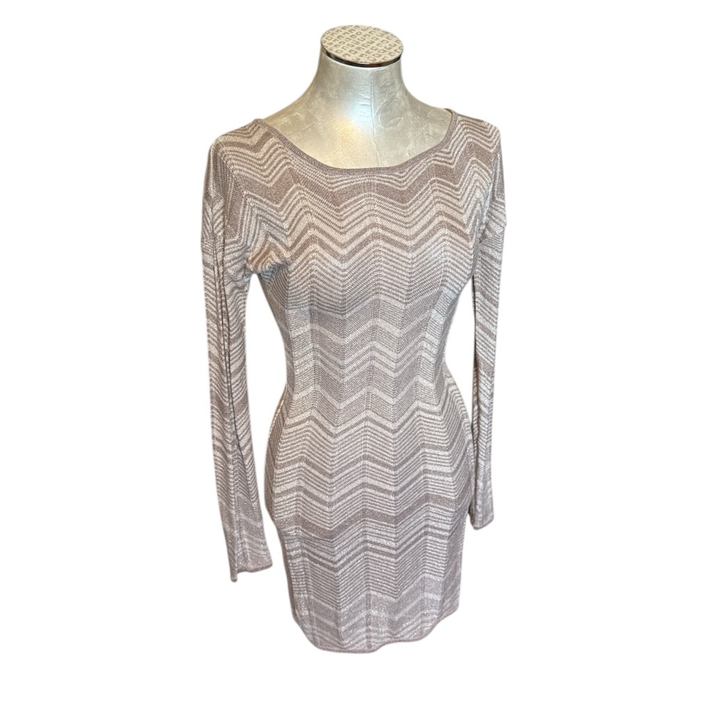 Express Chevron Metallic Knit Bodycon Dress Tan Cream Silver XS Party Night Out